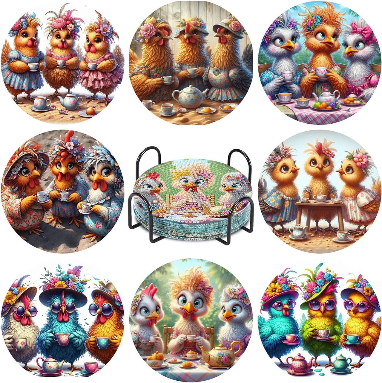 8 Pcs Chicken Diamond Art for Adults Coasters Animal Diamond Painting Coasters Kit for Beginners DIY Diamond Art Dot Coasters Diamond Art Painting Kits.